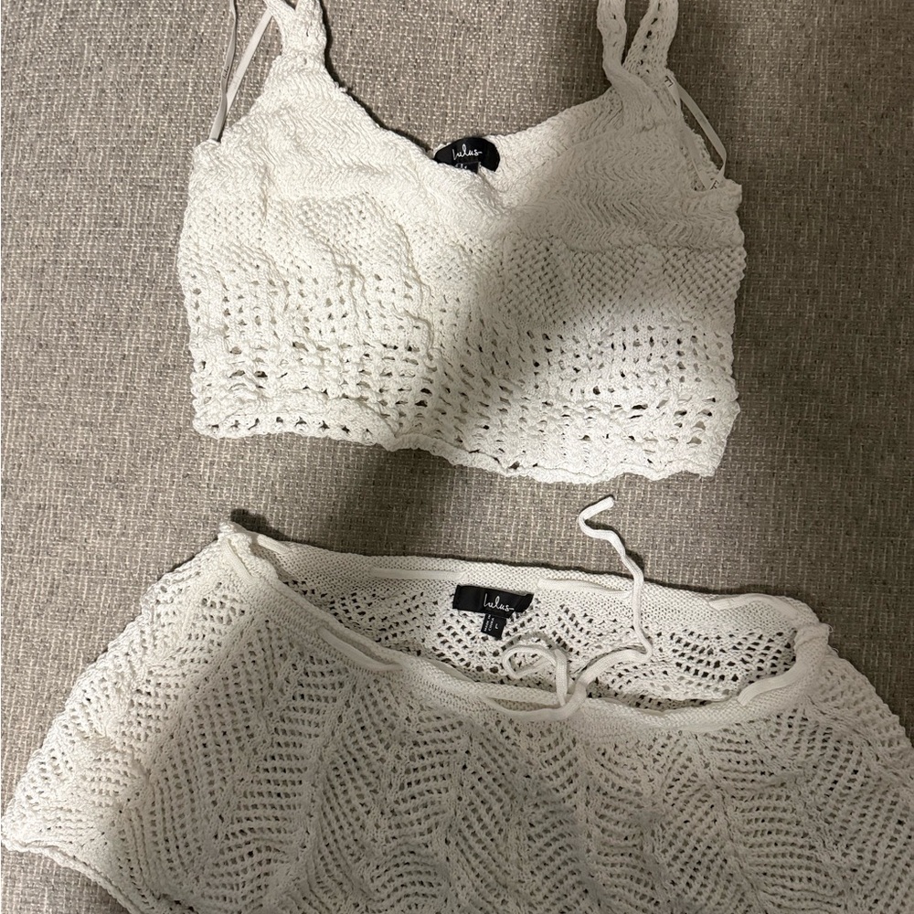 Lulu's White Crochet Bralette Tank Top & skirt swim coverup